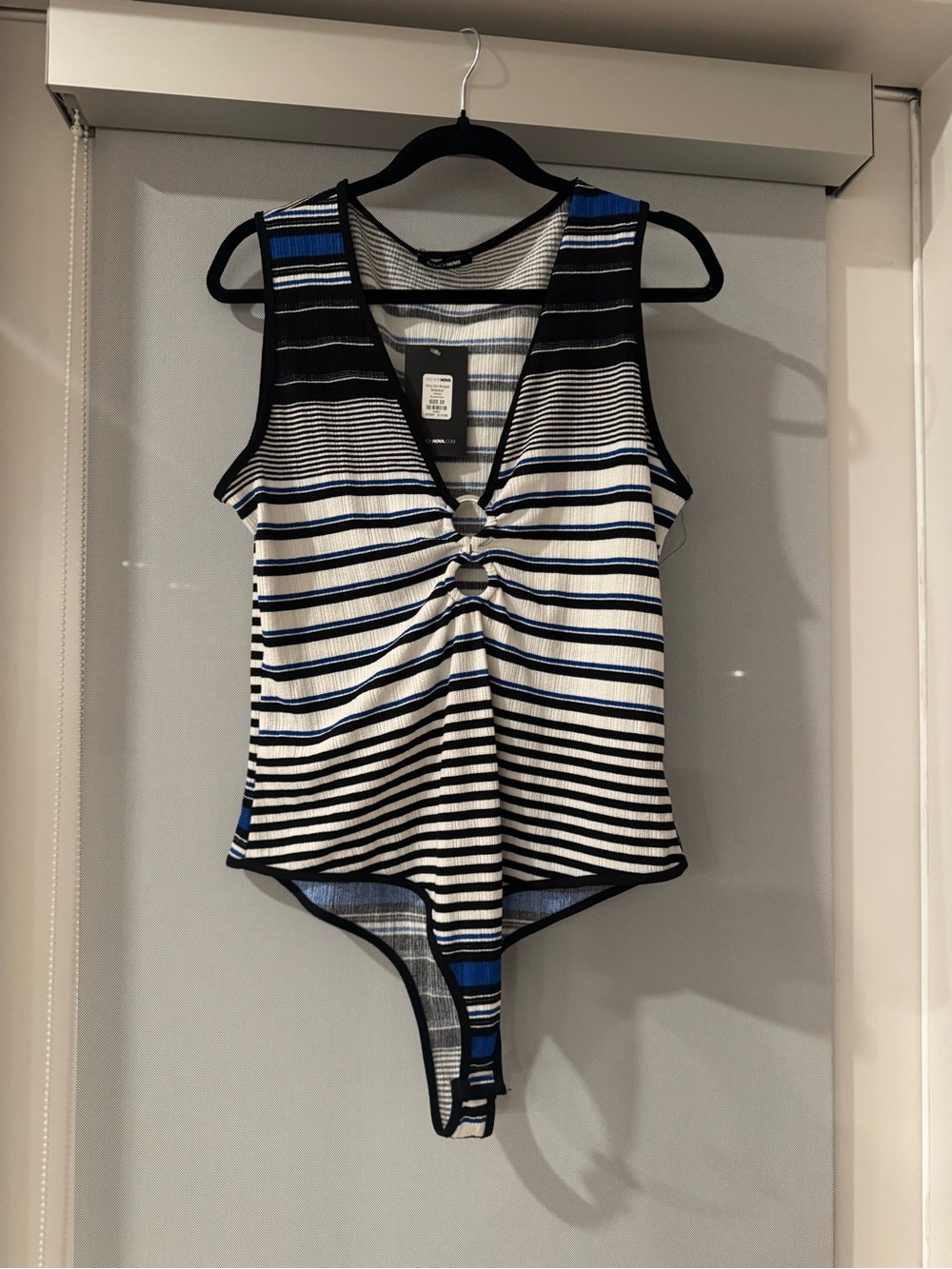 Fashion Nova Black White & Blue Striped Ring-Front Bodysuit
